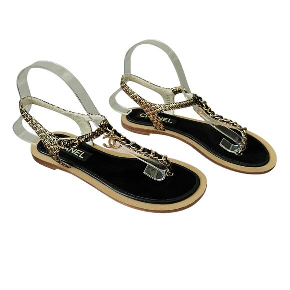 Chanel CC Chain Thong Fantasy Goatskin Sandal Black Gold Size 37.5 C US 6.5 7 - Picture 1 of 14